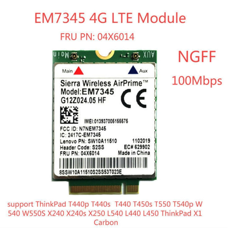 Módulo EM7345 4G Tarjeta NGFF M.2 WWAN 04 x 6014 Tarjeta 4G LTE / HSPA + 42Mbps para Lenovo IBM / ThinkPad T450 / X240, EM7345