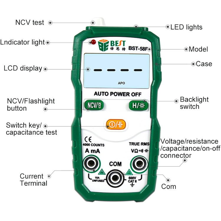 MEJOR BST-58F Multímetro de rango automático completo sin cambio Identificación inteligente Multímetro digital Mini instrumento eléctrico para el hogar