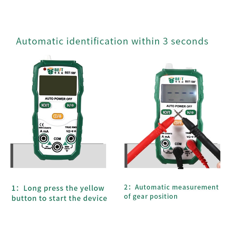 MEJOR BST-58F Multímetro de rango automático completo sin cambio Identificación inteligente Multímetro digital Mini instrumento eléctrico para el hogar