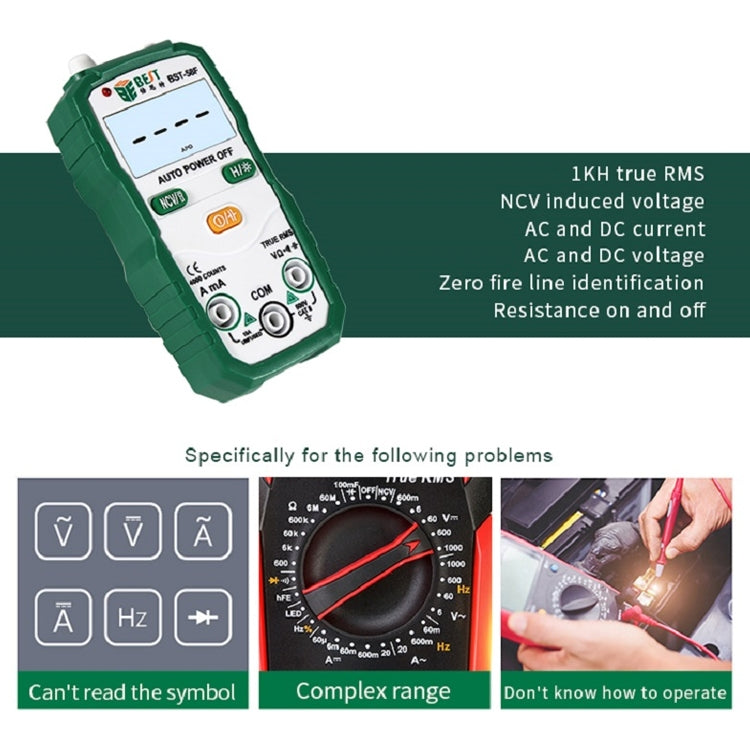 MEJOR BST-58F Multímetro de rango automático completo sin cambio Identificación inteligente Multímetro digital Mini instrumento eléctrico para el hogar
