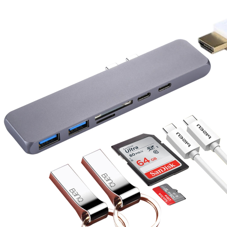 Adaptador HUB USB-C/Tipo-C dual multifunción de aleación de aluminio con HDMI hembra y 2 puertos USB 3.0 y 2 puertos USB-C/Tipo-C y ranura para tarjeta SD y ranura para tarjeta TF, HDMI+2xUSB 3.0+2xType-C+Micro SD+SD