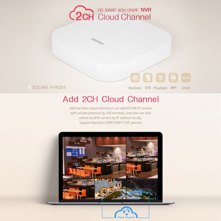 ESCAM PVR204 1080P 4CH+2CH ONVIF NVR Grabador de vídeo digital con canal en la nube de 2CH para sistema de cámara IP, PVR204