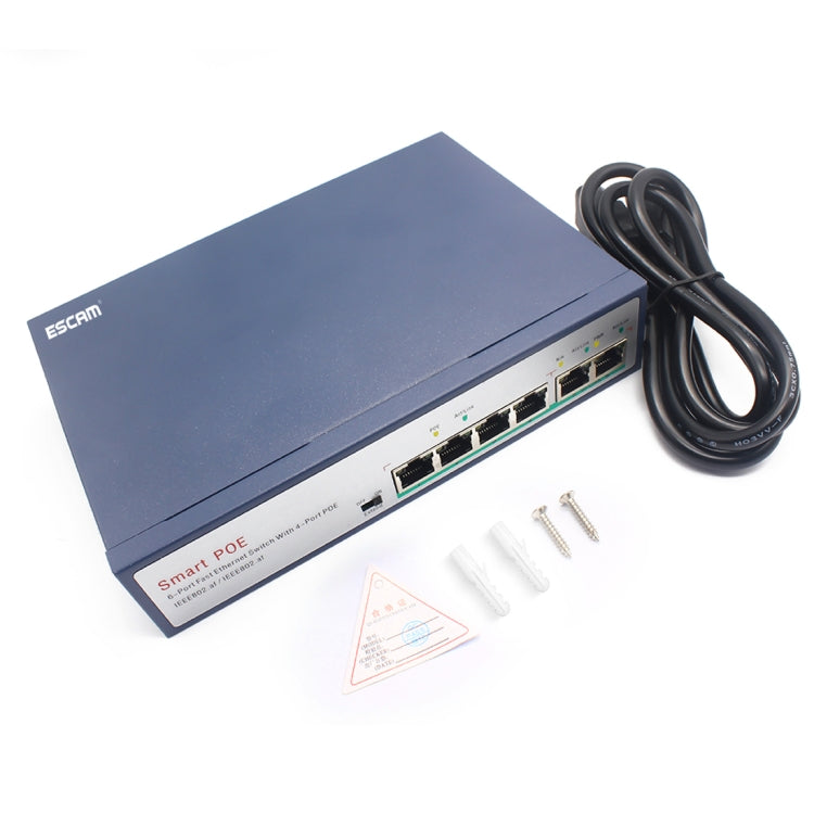 ESCAM POE 4+2 Conmutador Fast Ethernet de 6 puertos Conmutador de red POE de 4 puertos 10/100M 120W, Distancia de transmisión: 150m, 6 Ports