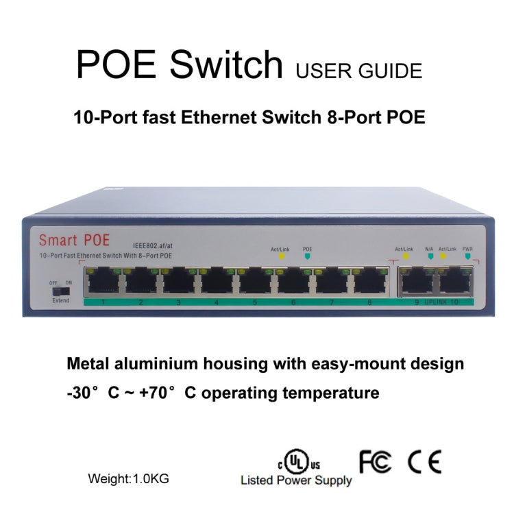 ESCAM POE 8+2 Conmutador Fast Ethernet de 10 puertos Conmutador de red POE de 8 puertos 10/100M 120W, Distancia de transmisión: 150m, 10 Ports