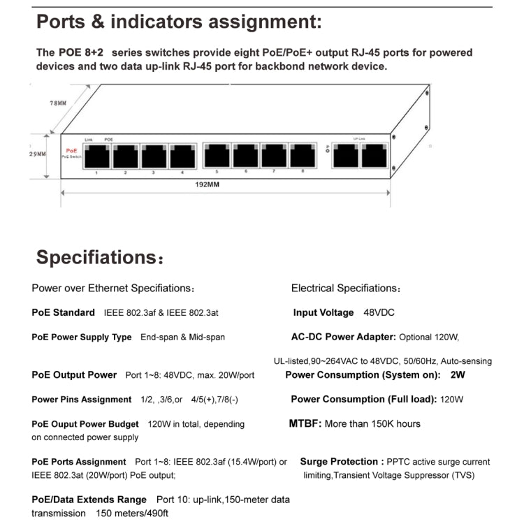 ESCAM POE 8+2 Conmutador Fast Ethernet de 10 puertos Conmutador de red POE de 8 puertos 10/100M 120W, Distancia de transmisión: 150m, 10 Ports