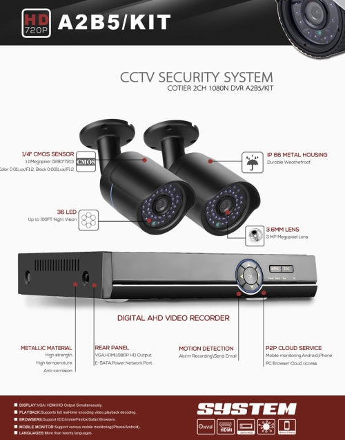 A2B5 720P 1.0 megapíxeles 2 x cámaras Bullet AHD Kit AHD DVR, compatible con visión nocturna / detección de movimiento, distancia IR: 20 m, A2B5 Kit