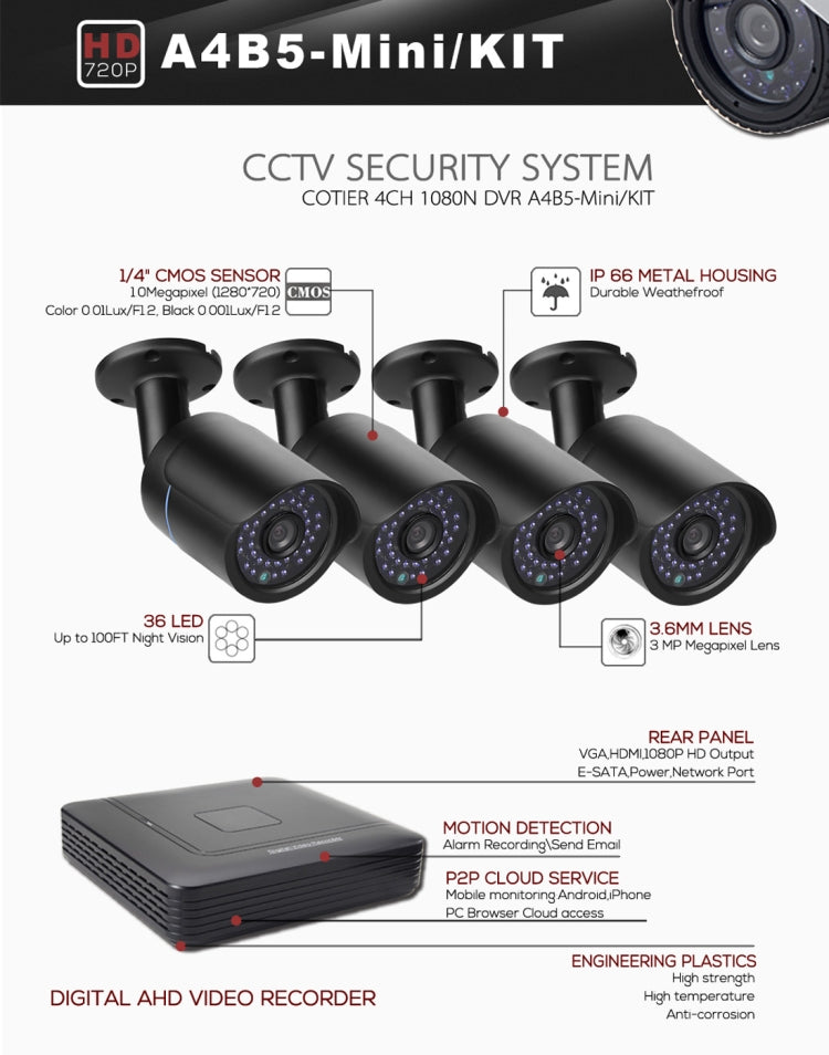 A4B5-Mini 4 canales 720P 1.0 megapíxeles 4 x cámaras Bullet AHD Kit AHD DVR, compatible con visión nocturna / detección de movimiento, distancia IR: 20 m, A4B5-Mini Kit