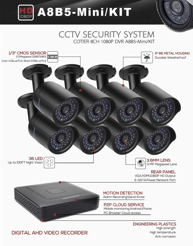 A8B5-Mini 8 canales 1080P 2.0 megapíxeles 8 cámaras Bullet AHD Mini kit AHD DVR, compatible con visión nocturna / detección de movimiento, distancia IR: 20 m, A8B5-Mini Kit