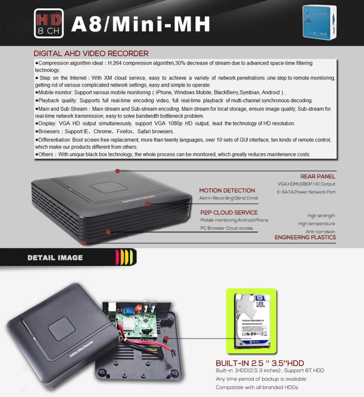 A8/Mini-MH 5 en 1 Mini DVR AHD de 8 canales de doble flujo H.264 1080P, compatible con señal AHD / TVI / CVI / CVBS / IP, A8/Mini-MH