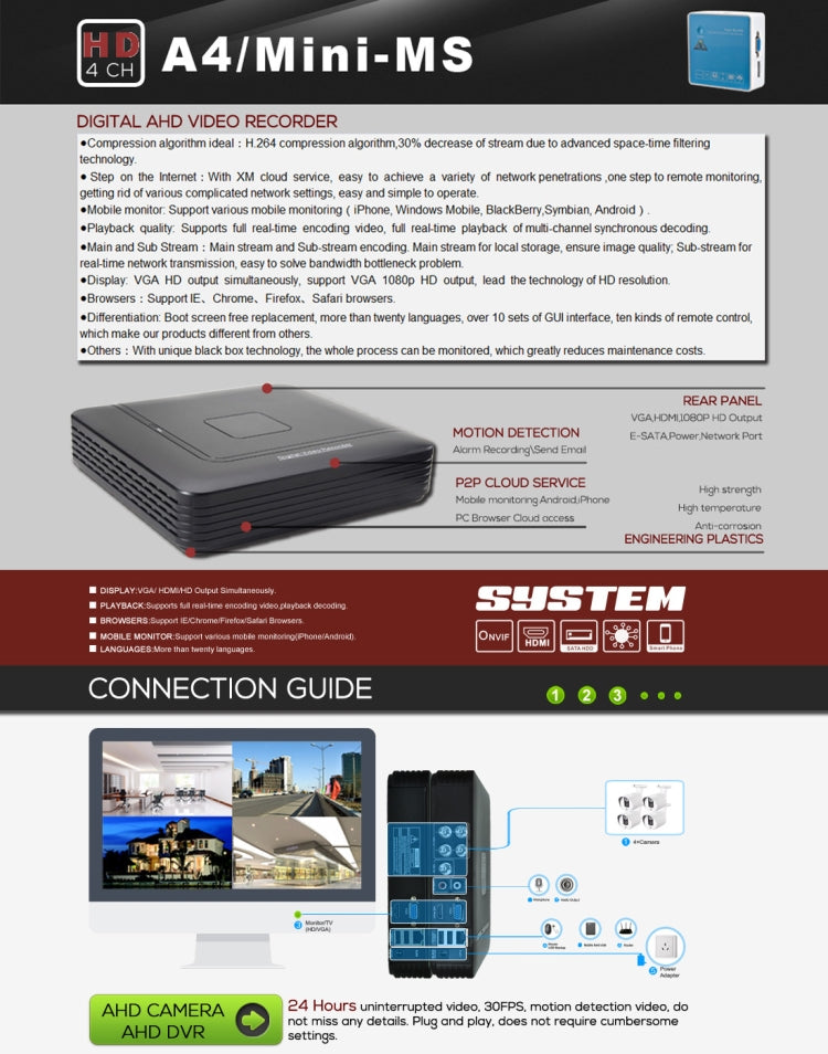 A4/Mini-MS 5 en 1 Mini DVR AHD de 4 canales de doble flujo H.264 1080N, compatible con señal AHD / TVI / CVI / CVBS / IP, A4/Mini-MS