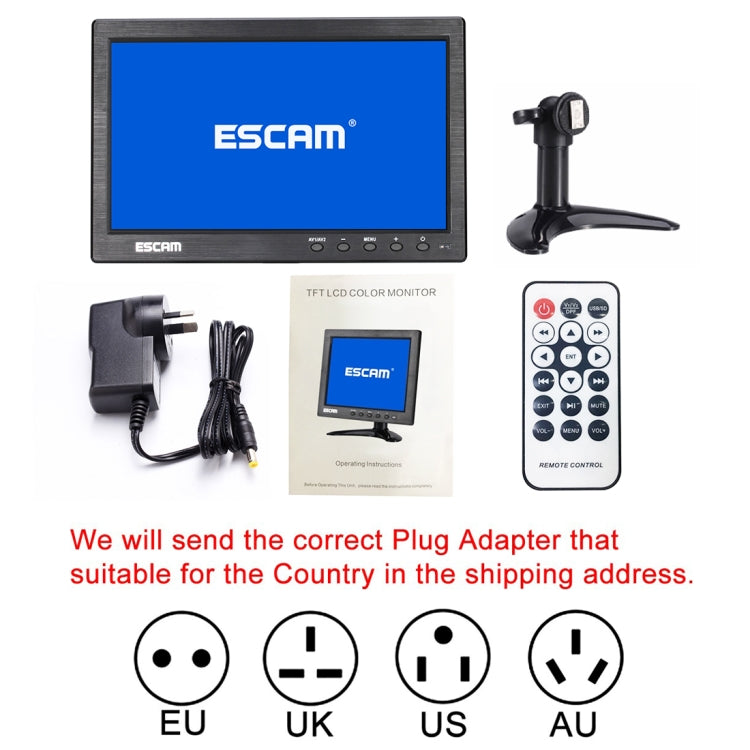 ESCAM T10 Monitor TFT LCD 1024x600 de 10,0 pulgadas con VGA, HDMI, AV, BNC y USB para seguridad CCTV de PC, T10