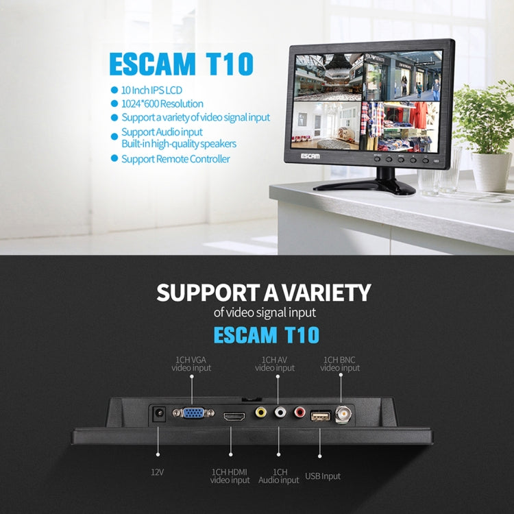 ESCAM T10 Monitor TFT LCD 1024x600 de 10,0 pulgadas con VGA, HDMI, AV, BNC y USB para seguridad CCTV de PC, T10