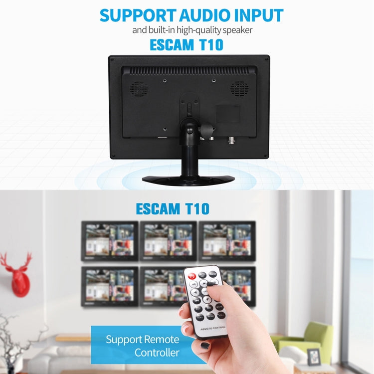 ESCAM T10 Monitor TFT LCD 1024x600 de 10,0 pulgadas con VGA, HDMI, AV, BNC y USB para seguridad CCTV de PC, T10