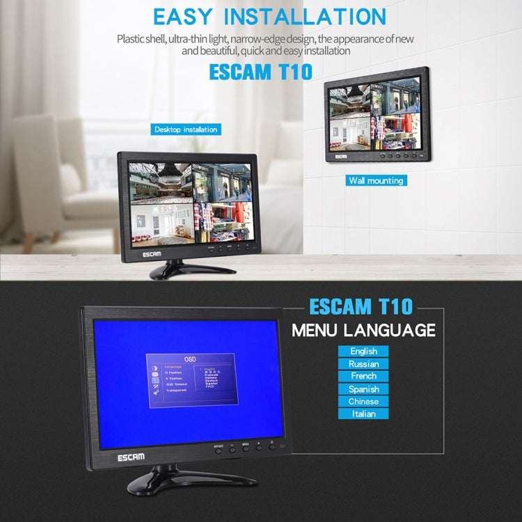 ESCAM T10 Monitor TFT LCD 1024x600 de 10,0 pulgadas con VGA, HDMI, AV, BNC y USB para seguridad CCTV de PC, T10