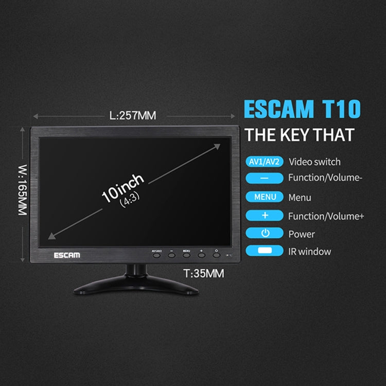 ESCAM T10 Monitor TFT LCD 1024x600 de 10,0 pulgadas con VGA, HDMI, AV, BNC y USB para seguridad CCTV de PC, T10