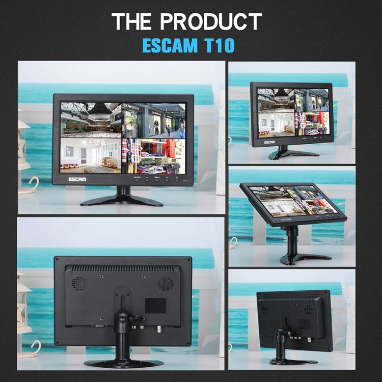 ESCAM T10 Monitor TFT LCD 1024x600 de 10,0 pulgadas con VGA, HDMI, AV, BNC y USB para seguridad CCTV de PC, T10