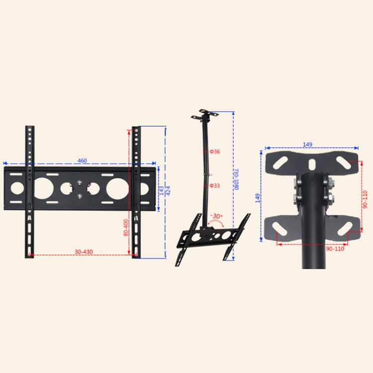 Soporte universal de doble uso para techo montado en la pared para TV de pantalla única ajustable en altura y ángulo de 32-65 pulgadas, alcance retráctil: 0,5-2 m, 32-65 inch