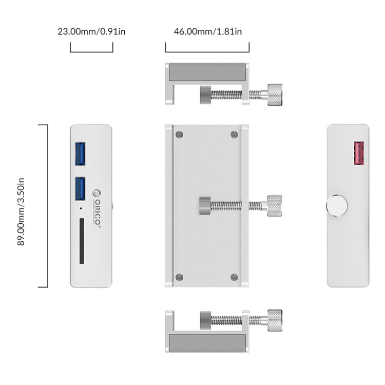 ORICO MH2AC-U3 HUB USB3.0 tipo clip de 2 puertos con lector de tarjetas SD