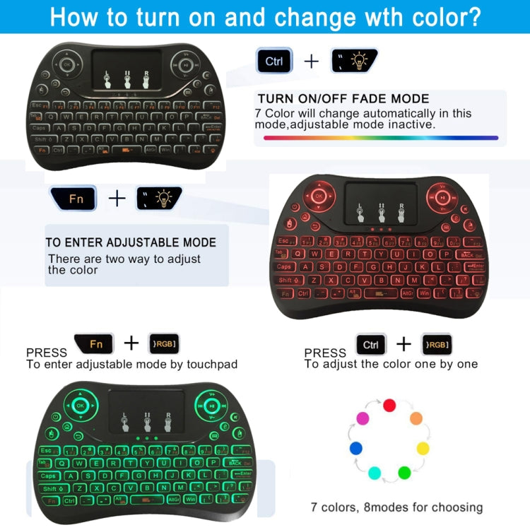 I8 Max 2,4 GHz Mini teclado inalámbrico con panel táctil recargable Fly Air Mouse juego inteligente retroiluminado de 7 colores