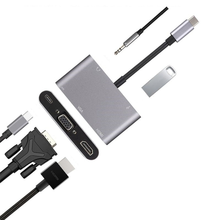 5 en 1 Tipo-C a HDMI + VGA + USB 3.0 + Puerto de audio + Adaptador HUB de puerto PD