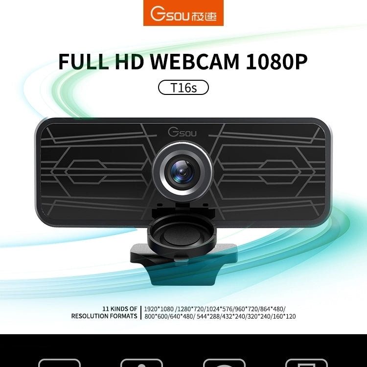 Cámara web Gsou T16s 1080P HD con cubierta, micrófono incorporado para clases en línea, transmisión de vídeo de conferencias