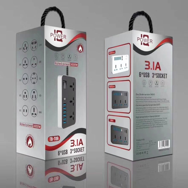 T09 3000W Alta potencia Multifunción Plug-in Conector universal internacional de 3 orificios + 6 USB de carga inteligente, EU PLUG, US PLUG, UK PLUG
