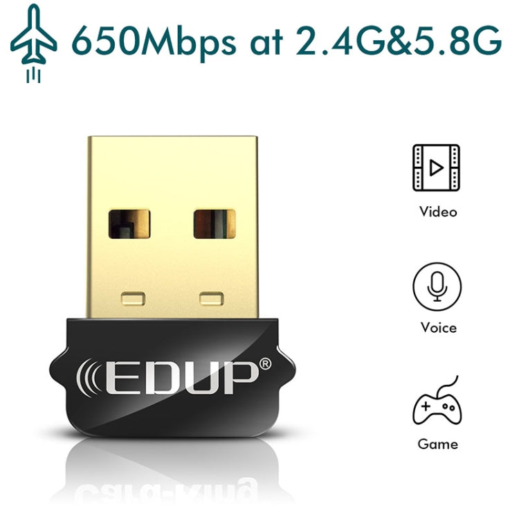 EDUP EP-AC1651 Adaptador WIFI USB 650Mbps Banda dual 5G / 2.4GHz Tarjeta de red inalámbrica externa Receptor Dongle Wifi para computadora portátil Windows MacOS