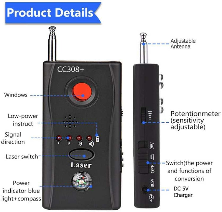 CC308 Detector láser de cámara de rango completo Mini buscador de dispositivos GSM de señal de cámara inalámbrica
