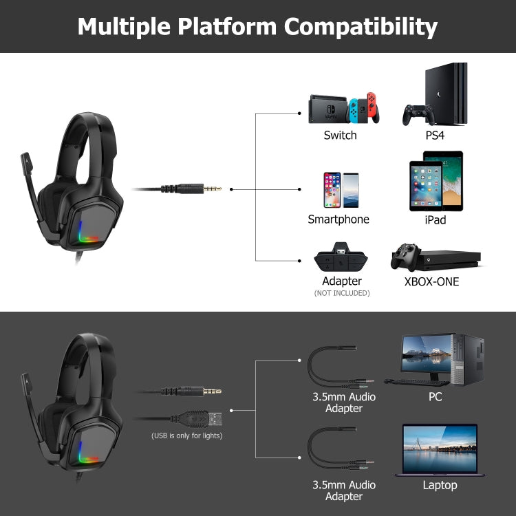 ONIKUMA K20 PS4 Auriculares estéreo para juegos con micrófono/luz LED para XBox One/tableta portátil