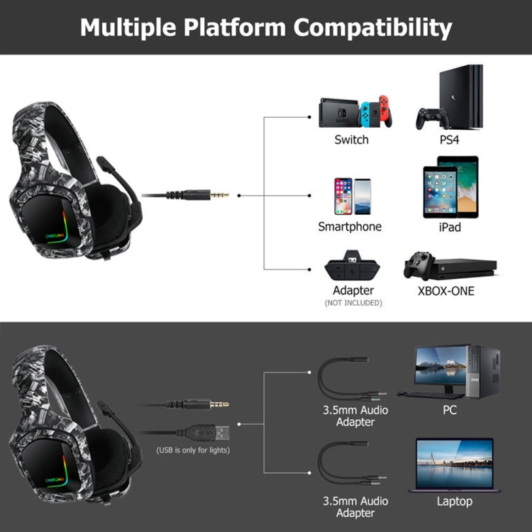 ONIKUMA K20 PS4 Surround Sound Bass PC Gamer Auriculares con micrófono, luz RGB