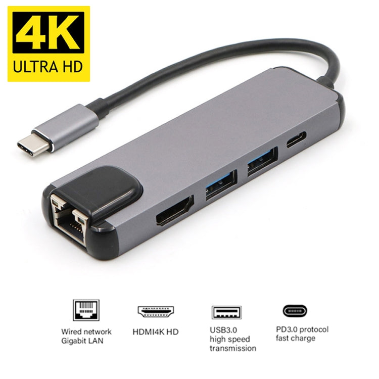 USB-C/Tipo-C a HD 4K HDMI + RJ45 + USB 3.0 + USB 2.0 + PD 5 en 1 HUB Converter, 5 in 1