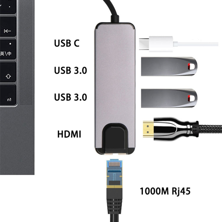 USB-C/Tipo-C a HD 4K HDMI + RJ45 + USB 3.0 + USB 2.0 + PD 5 en 1 HUB Converter, 5 in 1