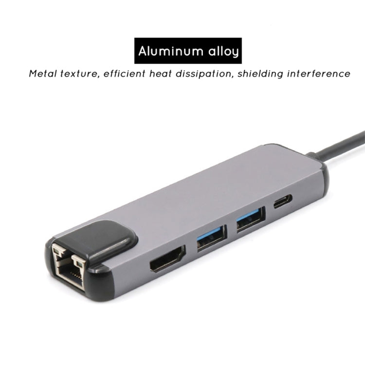 USB-C/Tipo-C a HD 4K HDMI + RJ45 + USB 3.0 + USB 2.0 + PD 5 en 1 HUB Converter, 5 in 1