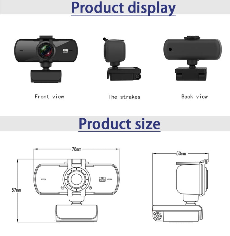 C5 Cámara web Full HD 2K con enfoque automático de 4 millones de píxeles, rotación de 360 grados, cámara web de transmisión en vivo sin controlador USB con micrófono, C5