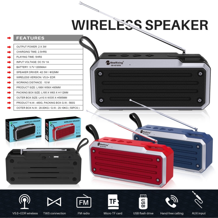 Altavoz Bluetooth estéreo portátil NewRixing NR4018FM TWS, compatible con tarjeta TF/FM/3,5mm AUX/disco U/llamada manos libres
