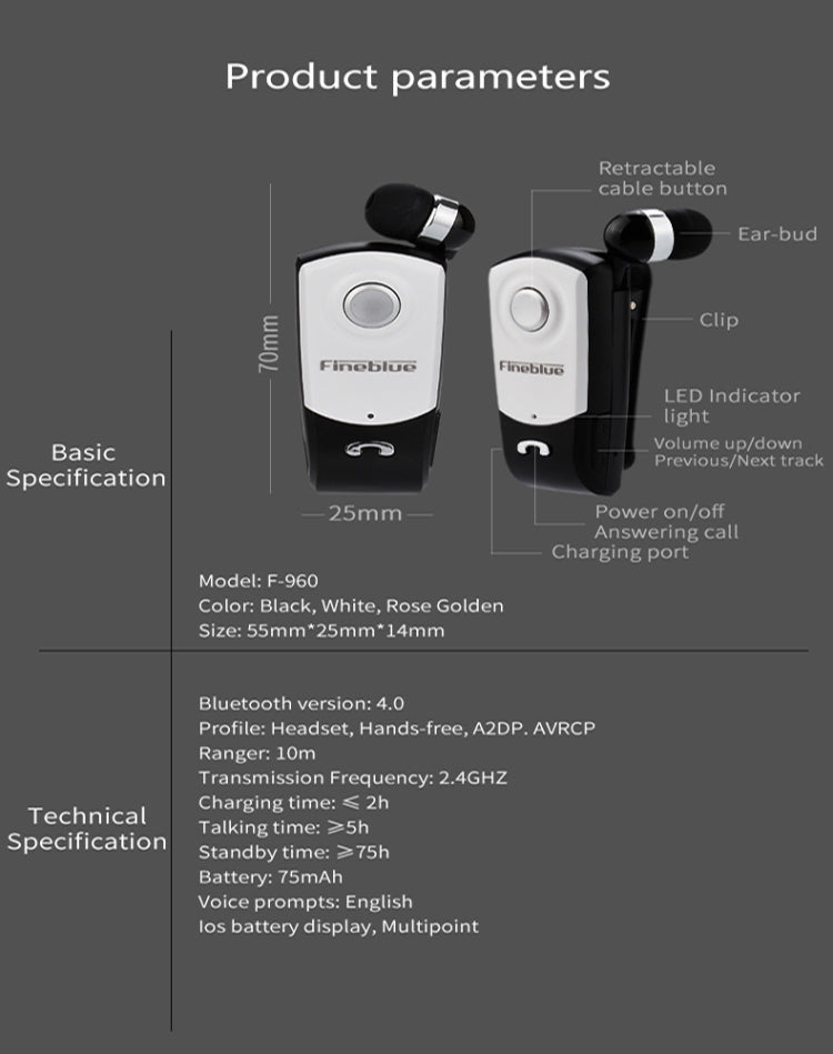 F960 CSR4.1 Cable retráctil Llamador Vibración Recordatorio Auriculares Bluetooth antirrobo, Black, White, Gold, Silver