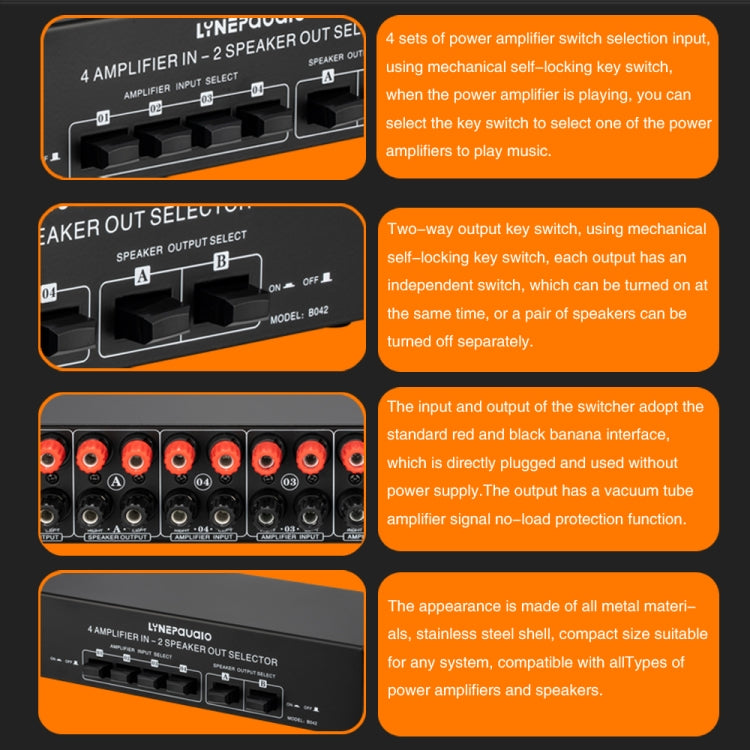B042 amplificador de potencia de 4 entradas y 2 salidas, conmutador de sonido, distribuidor de interruptores de altavoz, 300W por canal, calidad de sonido sin pérdidas, B042
