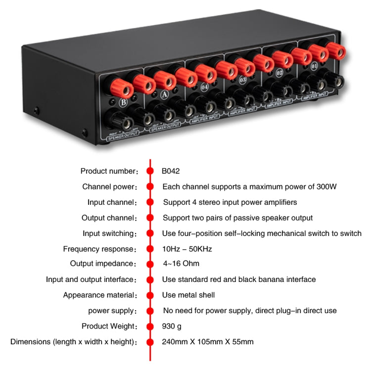 B042 amplificador de potencia de 4 entradas y 2 salidas, conmutador de sonido, distribuidor de interruptores de altavoz, 300W por canal, calidad de sonido sin pérdidas, B042