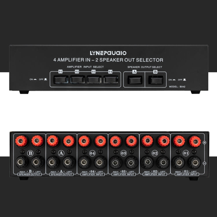 B042 amplificador de potencia de 4 entradas y 2 salidas, conmutador de sonido, distribuidor de interruptores de altavoz, 300W por canal, calidad de sonido sin pérdidas, B042