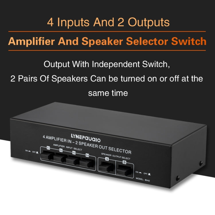 B042 amplificador de potencia de 4 entradas y 2 salidas, conmutador de sonido, distribuidor de interruptores de altavoz, 300W por canal, calidad de sonido sin pérdidas, B042