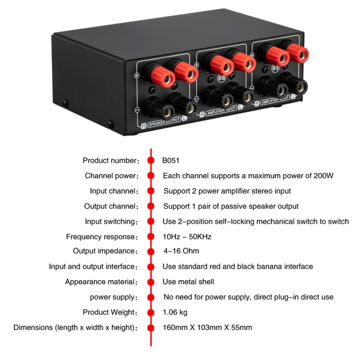 B051 Amplificador de potencia de 2 entradas y 1 salida y conmutador de selección de altavoz Salida con ajuste de volumen 2 amplificadores de potencia Conmutador de audio Comparador de distribución de interruptores, B051