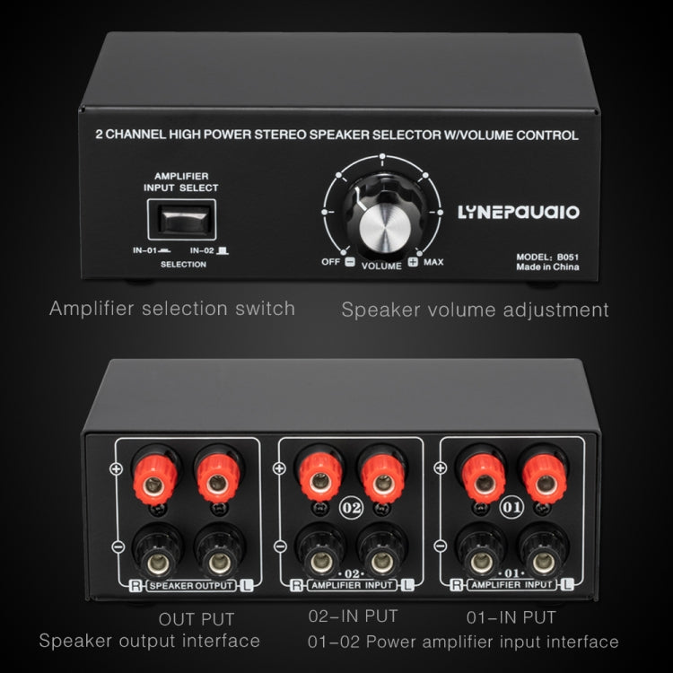 B051 Amplificador de potencia de 2 entradas y 1 salida y conmutador de selección de altavoz Salida con ajuste de volumen 2 amplificadores de potencia Conmutador de audio Comparador de distribución de interruptores, B051