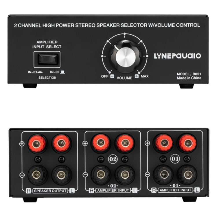 B051 Amplificador de potencia de 2 entradas y 1 salida y conmutador de selección de altavoz Salida con ajuste de volumen 2 amplificadores de potencia Conmutador de audio Comparador de distribución de interruptores, B051