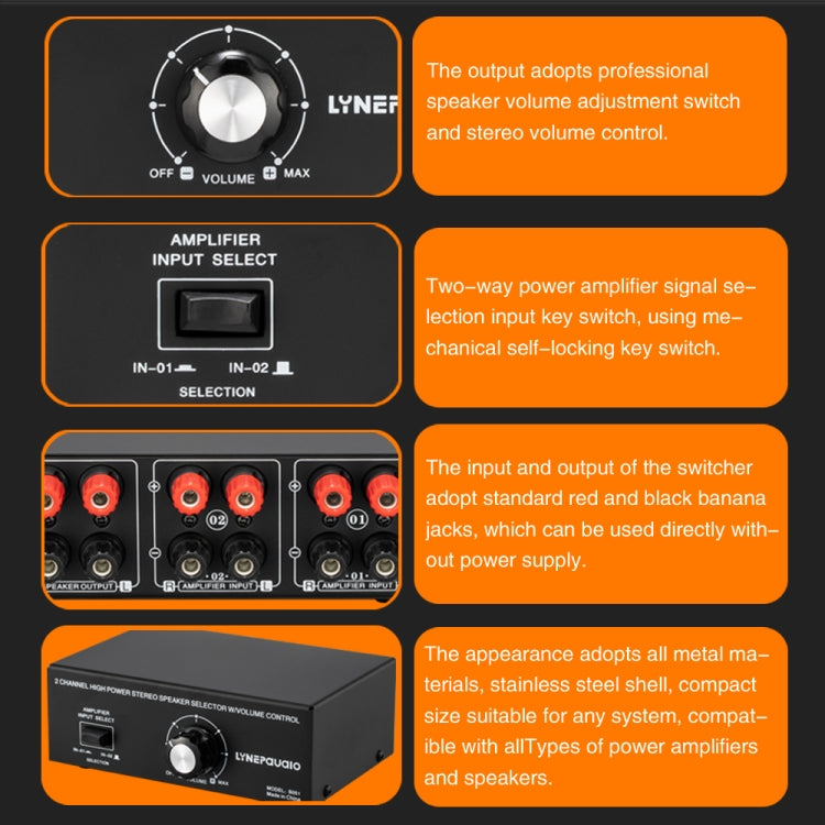 B051 Amplificador de potencia de 2 entradas y 1 salida y conmutador de selección de altavoz Salida con ajuste de volumen 2 amplificadores de potencia Conmutador de audio Comparador de distribución de interruptores, B051