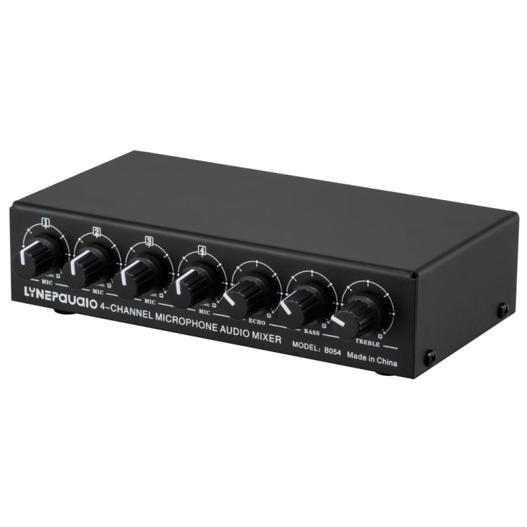 Mezclador de micrófono de 4 canales B054 compatible con salida estéreo con ajuste de graves y agudos de reverberación, fuente de alimentación USB de 5V, enchufe de EE. UU., B054