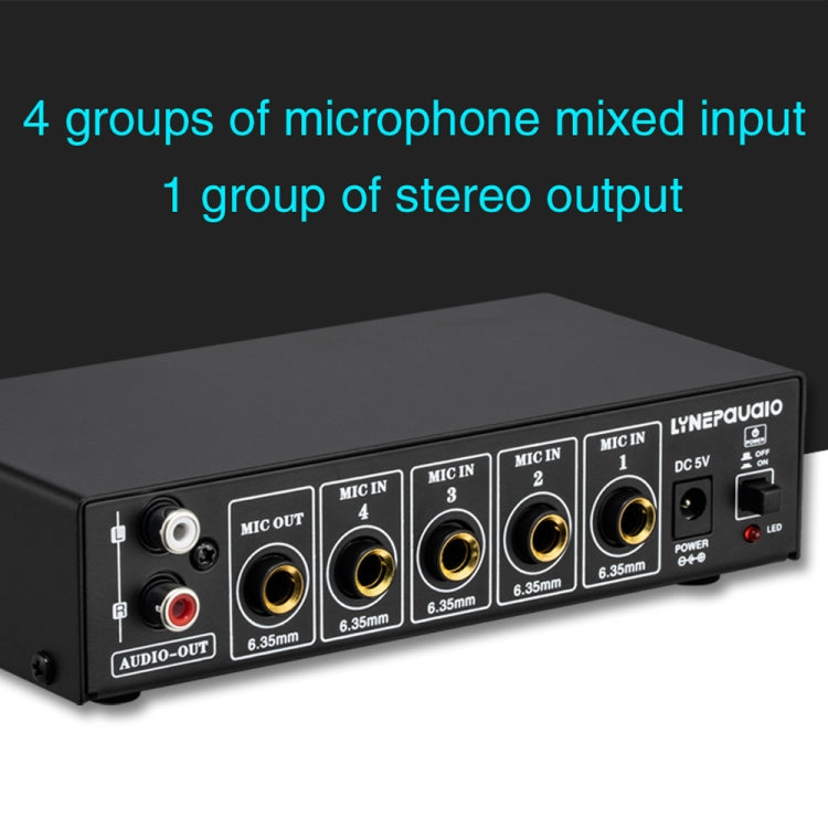 Mezclador de micrófono de 4 canales B054 compatible con salida estéreo con ajuste de graves y agudos de reverberación, fuente de alimentación USB de 5V, enchufe de EE. UU., B054
