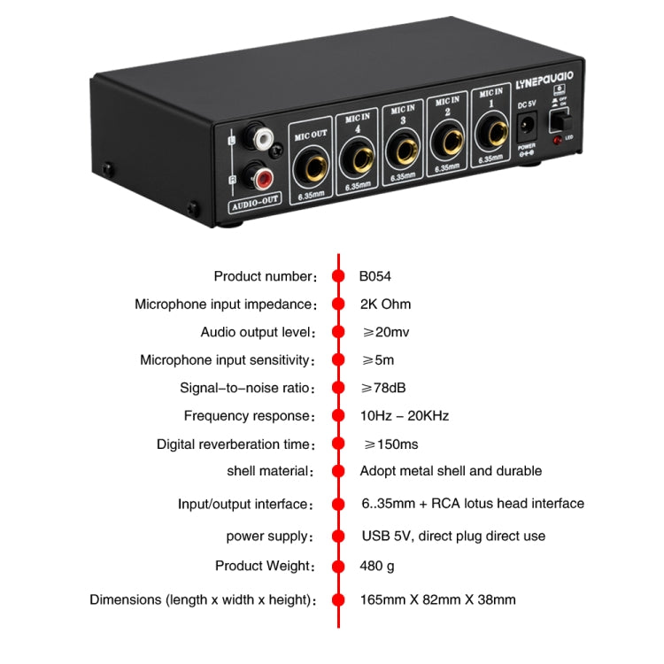 Mezclador de micrófono de 4 canales B054 compatible con salida estéreo con ajuste de graves y agudos de reverberación, fuente de alimentación USB de 5V, enchufe de EE. UU., B054