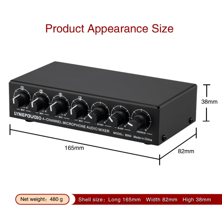 Mezclador de micrófono de 4 canales B054 compatible con salida estéreo con ajuste de graves y agudos de reverberación, fuente de alimentación USB de 5V, enchufe de EE. UU., B054