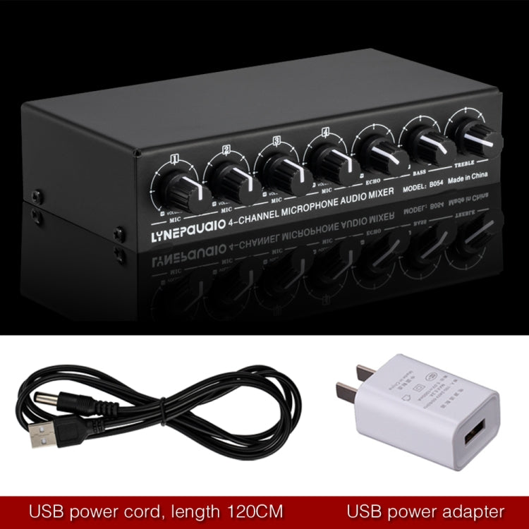 Mezclador de micrófono de 4 canales B054 compatible con salida estéreo con ajuste de graves y agudos de reverberación, fuente de alimentación USB de 5V, enchufe de EE. UU., B054
