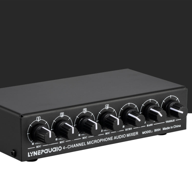 Mezclador de micrófono de 4 canales B054 compatible con salida estéreo con ajuste de graves y agudos de reverberación, fuente de alimentación USB de 5V, enchufe de EE. UU., B054